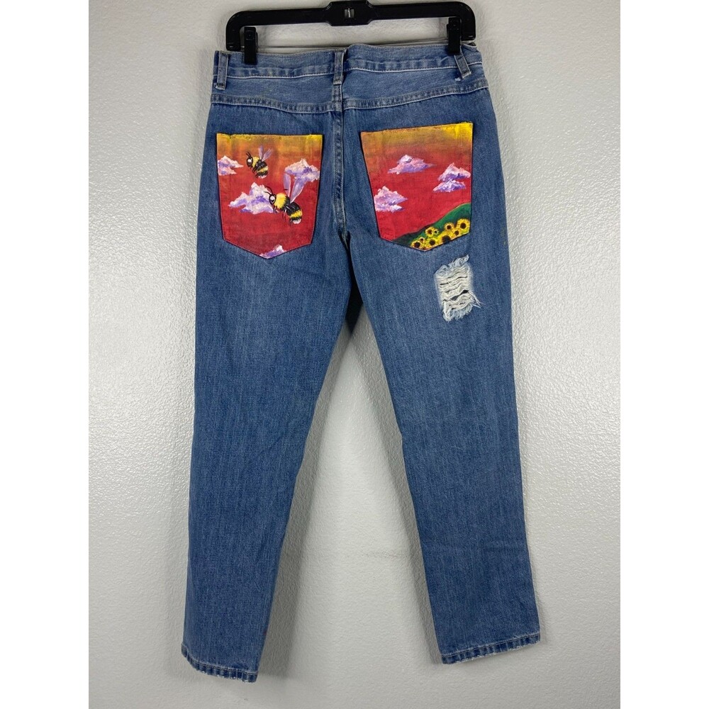 Super Down Women Size 26 Blue Denim Jeans Painted Bee Pocket Distressed